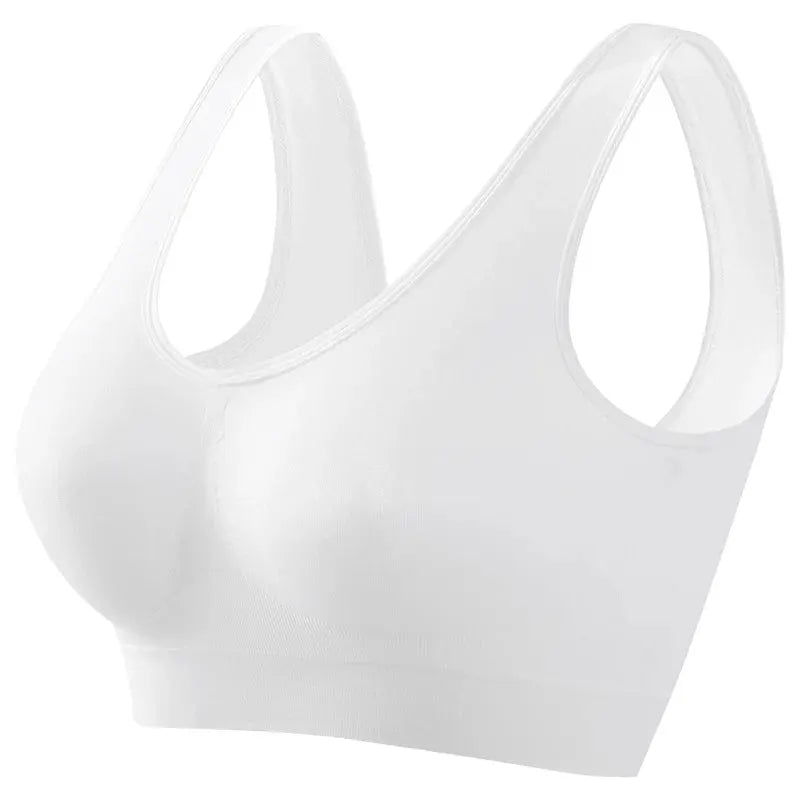 Seamless tank bra with wide straps, wireless white crop-top bralette.