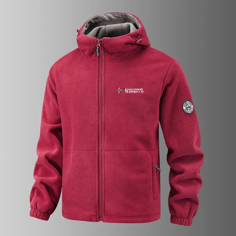 Red fleece hooded men's jacket with zip front, grey inner lining, Outdoor Norway logo on chest and sleeve patch