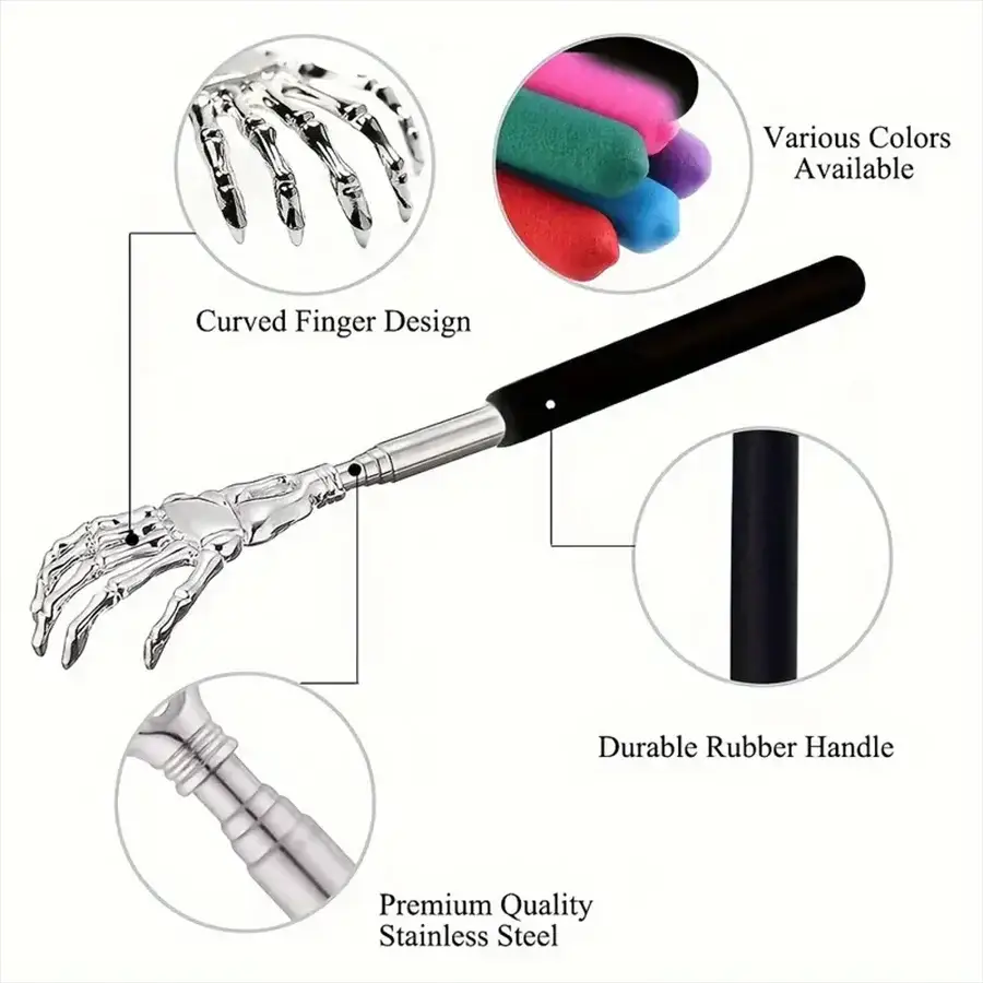 Compact Telescopic Back Massager by Simples Market, extendable stainless steel shaft with curved finger design