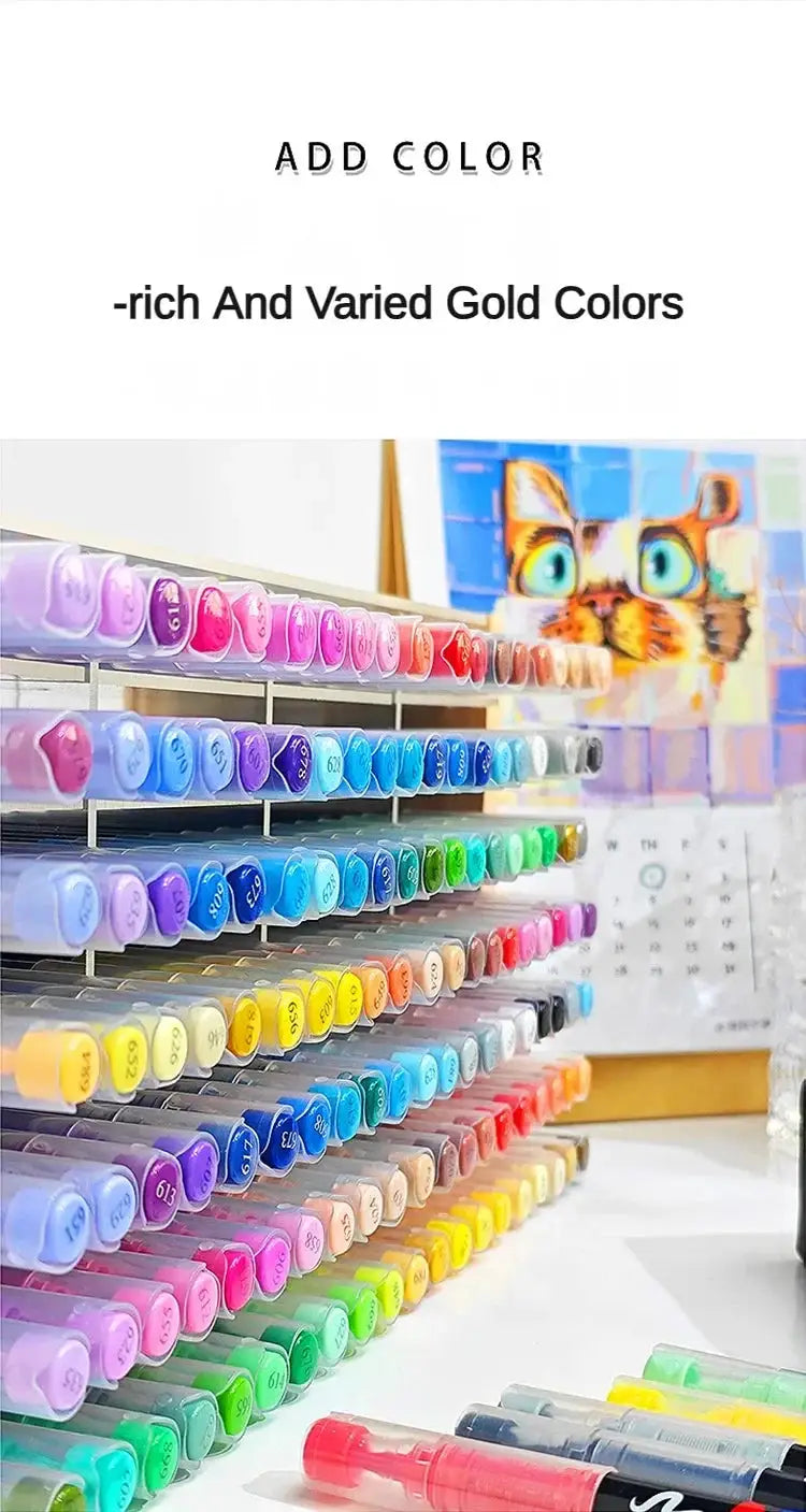 GUANGNA 16-color direct-liquid acrylic paint pens with brush tips on a tiered display rack
