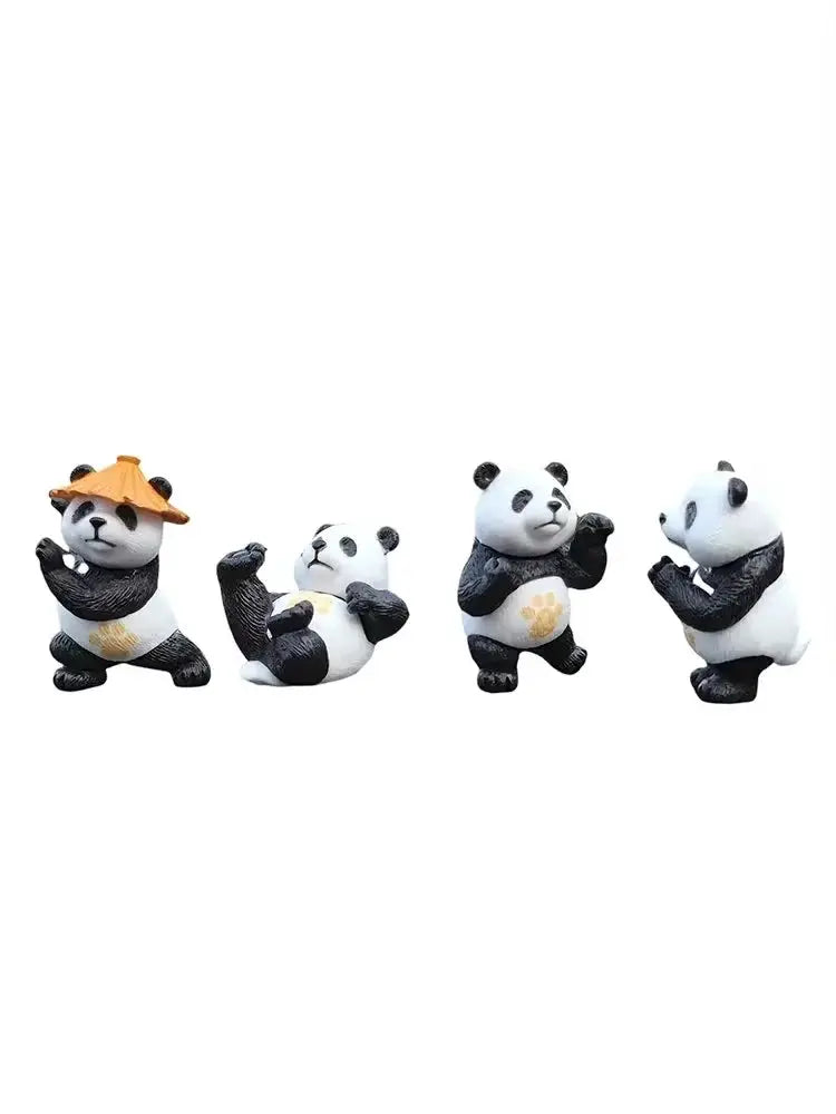 4-piece panda car ornament set; four black-and-white panda figurines for car center console or desk decor
