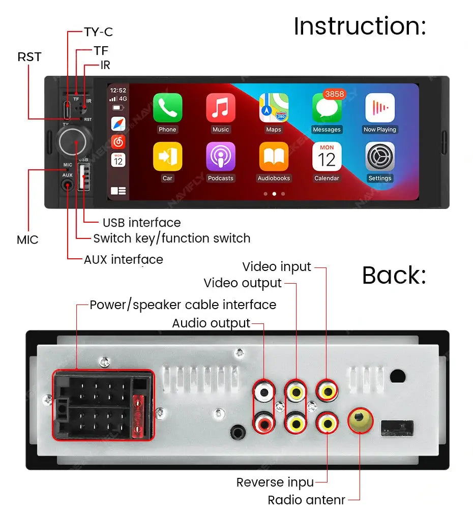 MEKEDE 6.86-inch 1-DIN car radio with CarPlay/Android Auto, BT, USB-C, FM by Simples Market