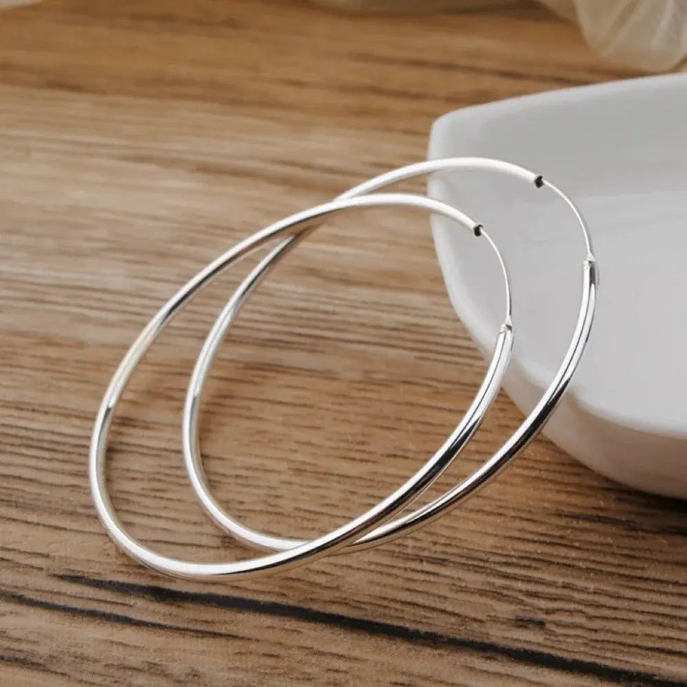 Hoop earrings, two large silver stainless steel circle hoops.