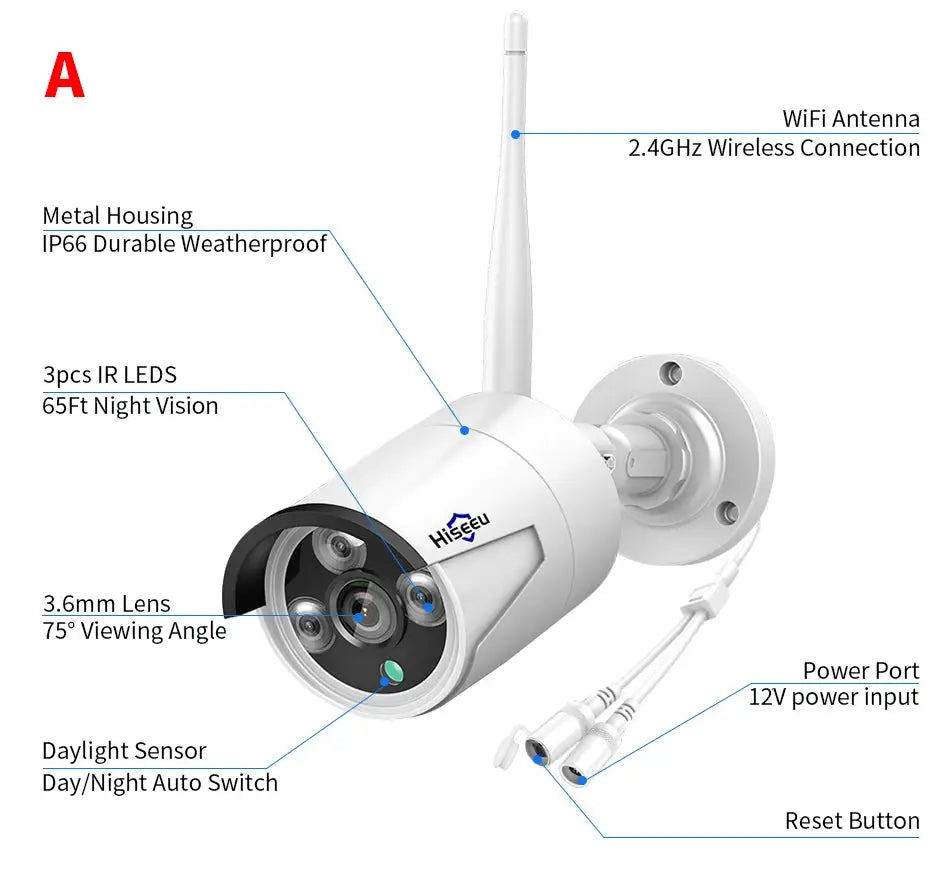 Hiseeu wireless IP camera with white metal housing and 3.6mm lens