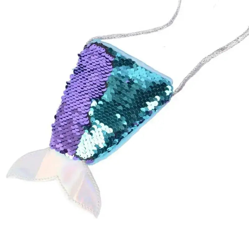 Mermaid tail sequin purse with purple-teal scales, silver chain and translucent fin