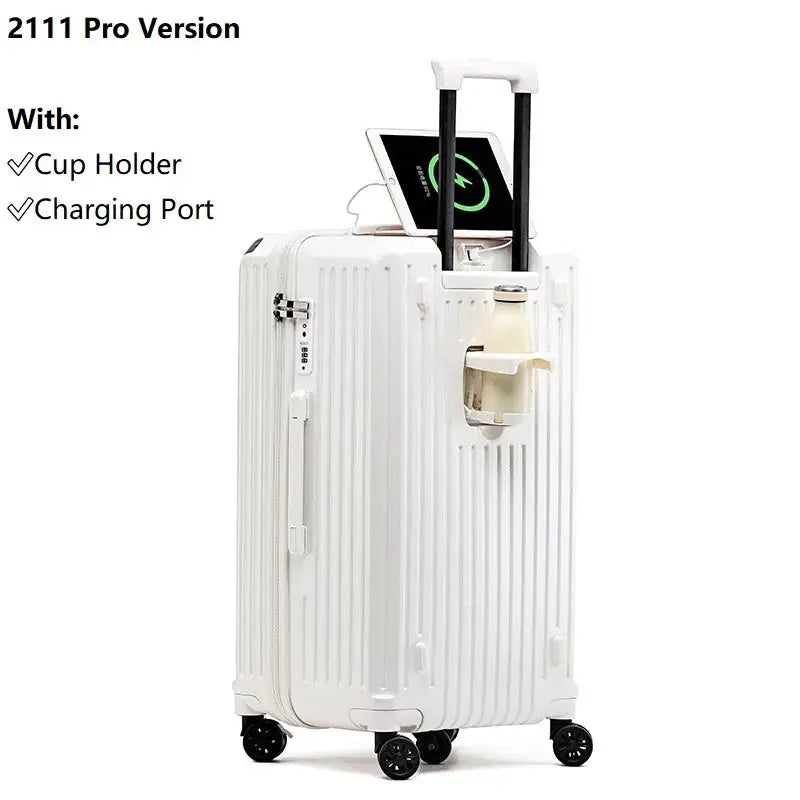 White hard-shell carry-on suitcase with cup holder and USB charging port; four-wheel spinner.