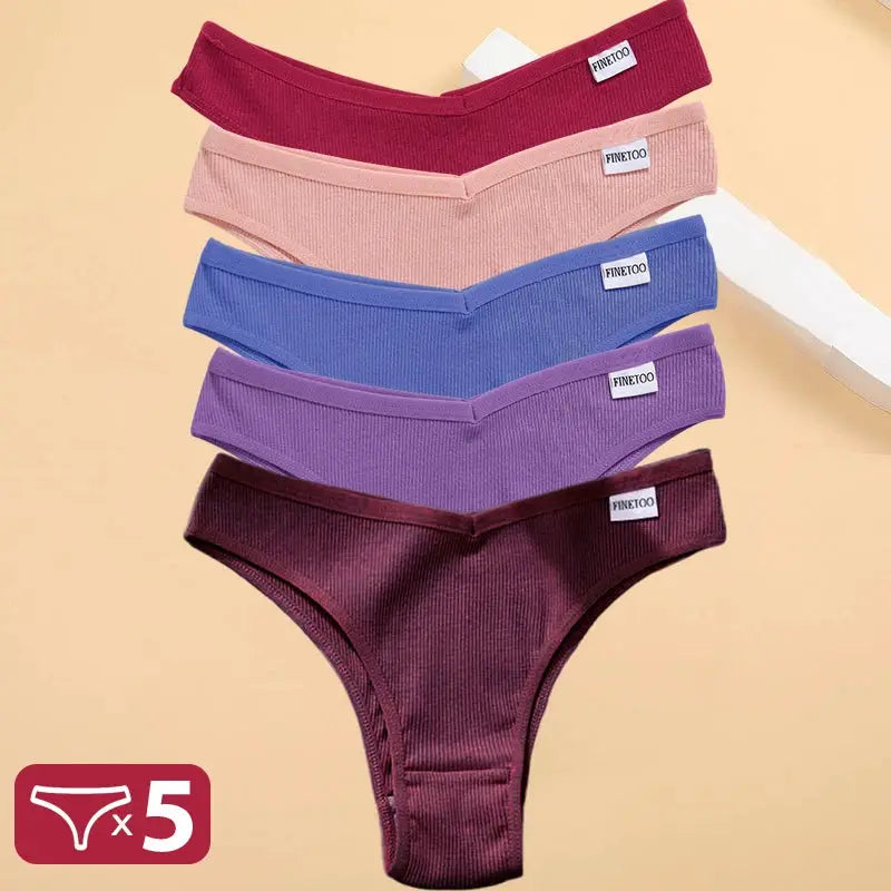 5-pack FINETOO cotton thong panties for women in red, nude, blue, purple, burgundy