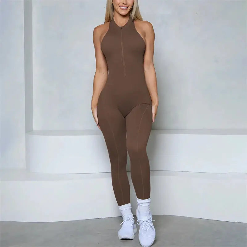 Simples Market women's brown sleeveless zipper jumpsuit with scrunch butt for fitness and yoga