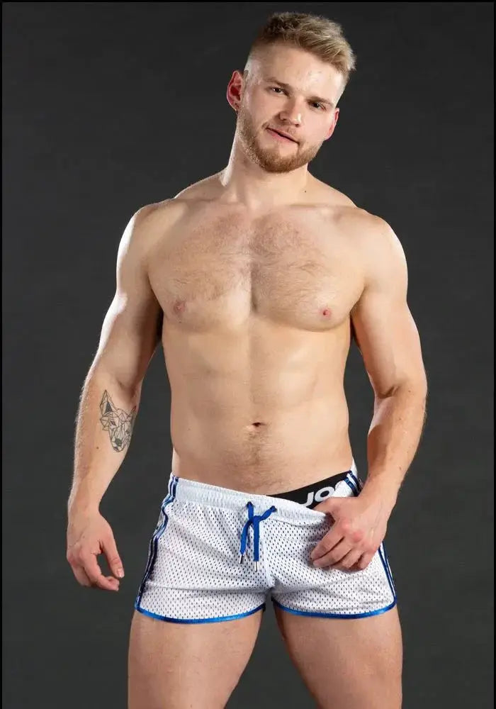 Mens white mesh gym shorts with blue trim and drawstring; breathable grid fabric for training and beach workouts.
