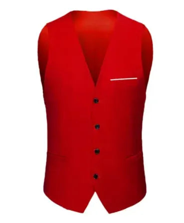 Men's red waistcoat vest with black buttons and white pocket square