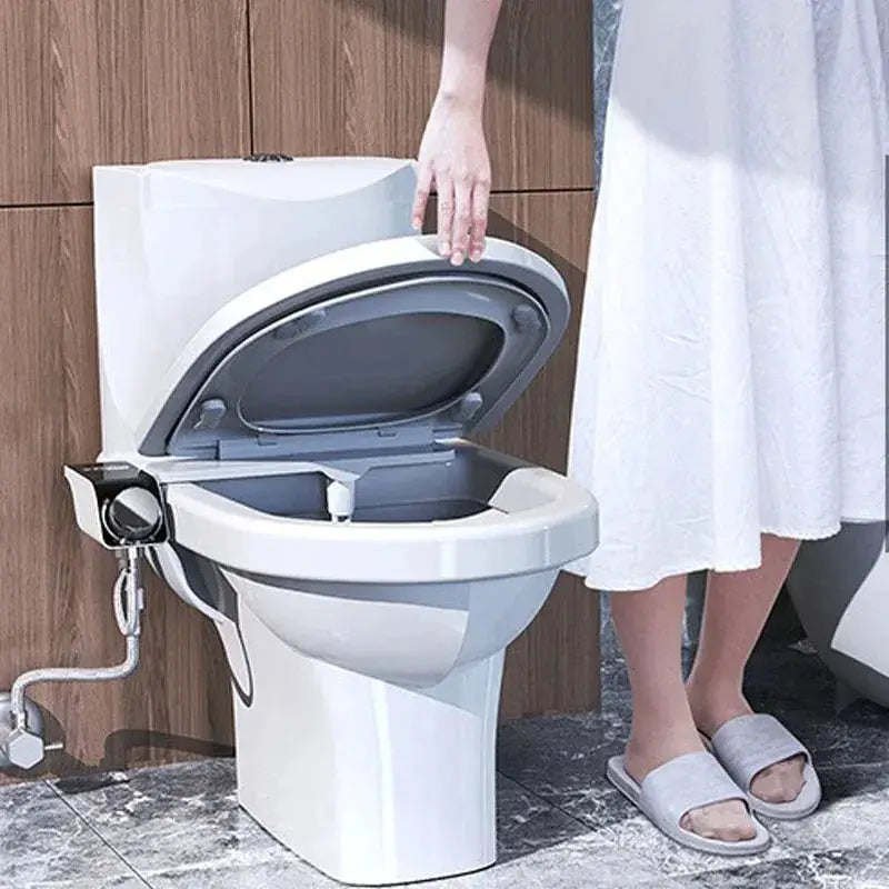 Bidet toilet seat attachment with dual spray nozzles, self-cleaning, non-electric, Simples Market, white toilet