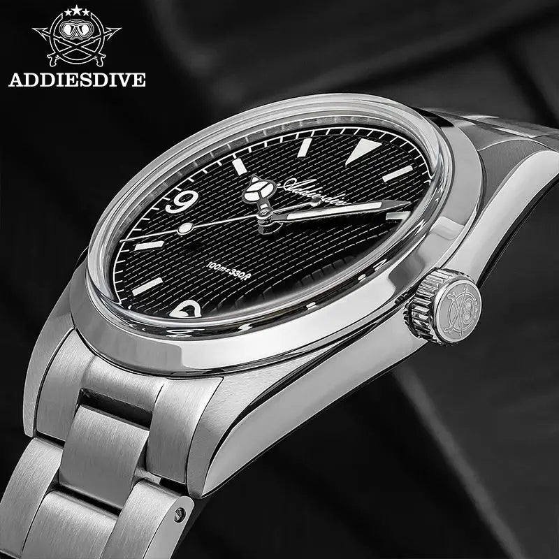 ADDIESDIVE men's analog watch with stainless steel bracelet, bubble mirror glass, 100m water resistant
