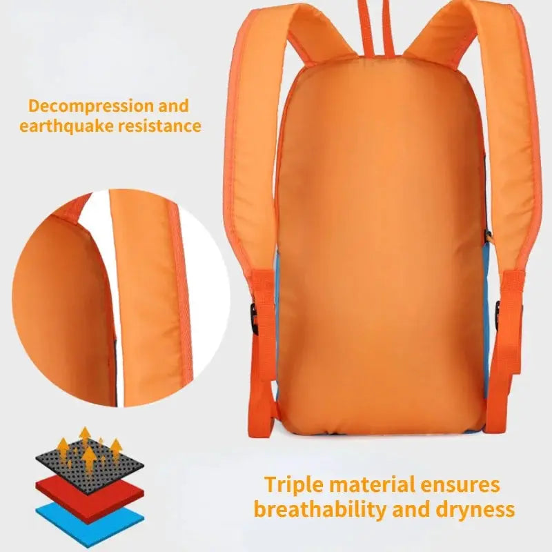 Outdoor lightweight small men's backpack in orange; compact sports bag with breathable triple-material design.