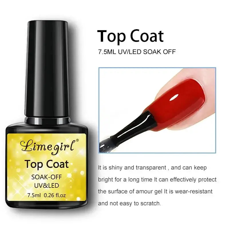 Limegirl Top Coat bottle, 7.5 ml UV/LED soak-off; black bottle with yellow label and red gel nail swatch