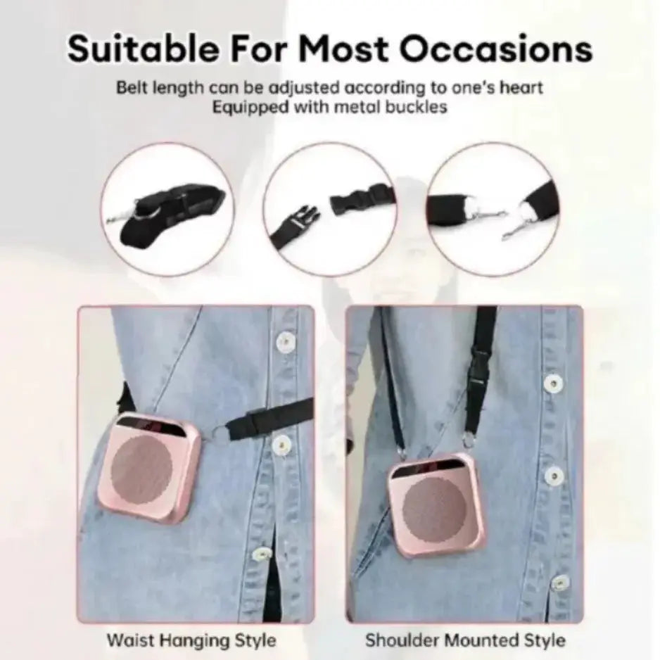 XIKCU pink portable voice amplifier with mic; rechargeable, ultralight; worn at waist or over shoulder with strap.