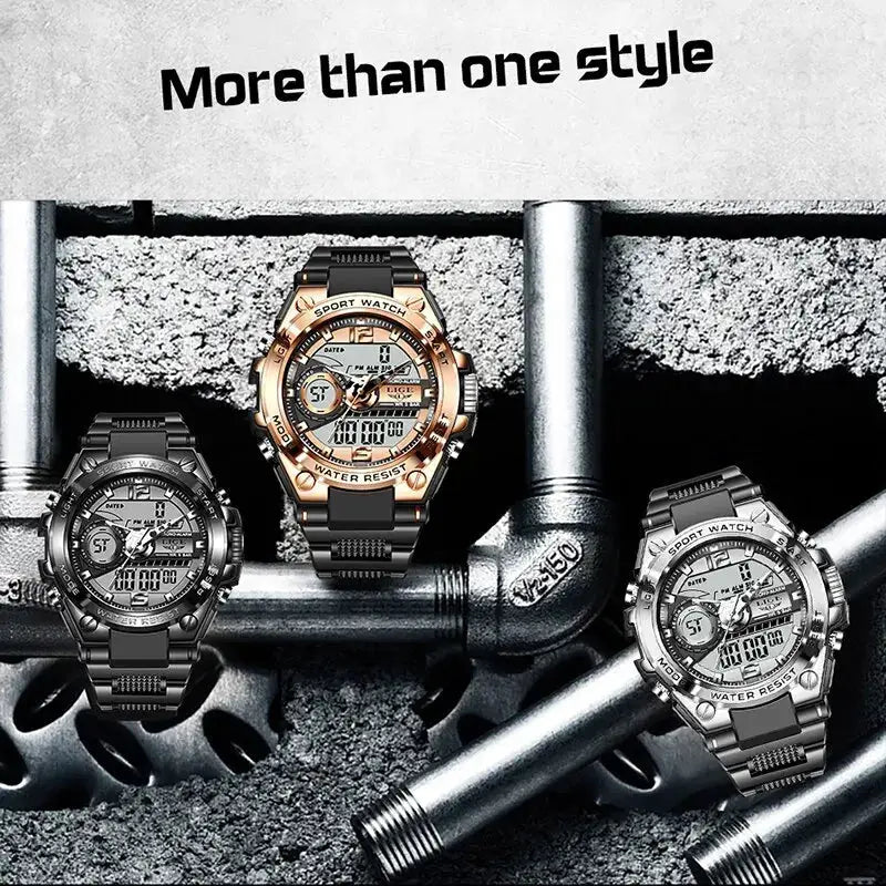 LIGE men's military digital sport wristwatch set; three metal watches in black, rose gold, and silver.