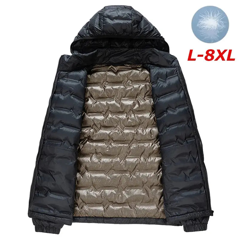 Men's hooded down jacket, black outer with brown quilted lining, waterproof windproof, sizes L-8XL