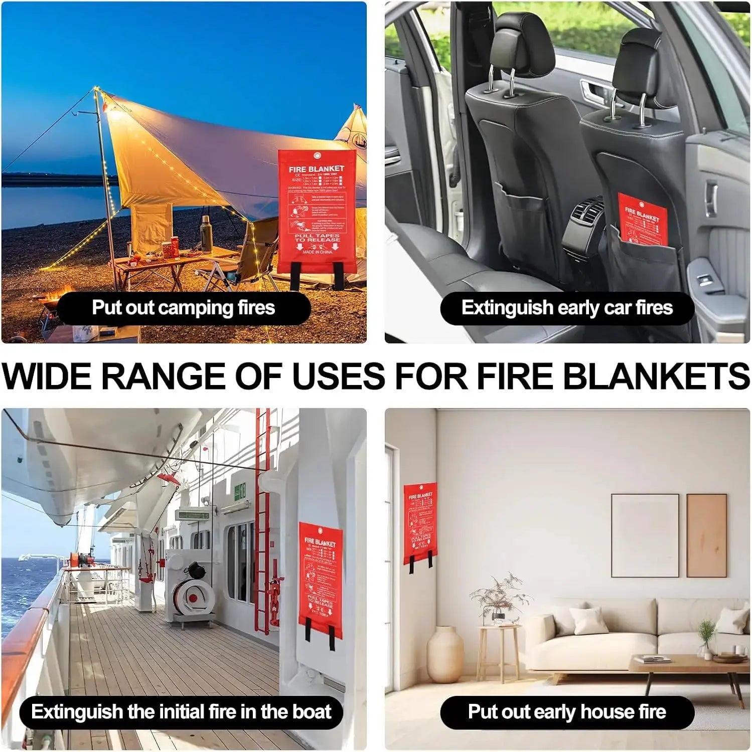 Emergency fire blanket by Simples Market; fiberglass flame-retardant blanket for home, kitchen, car and boat use.