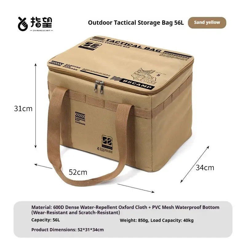 Simples Market 56L insulated waterproof tactical camping bag in sand yellow with foldable design and carrying handles