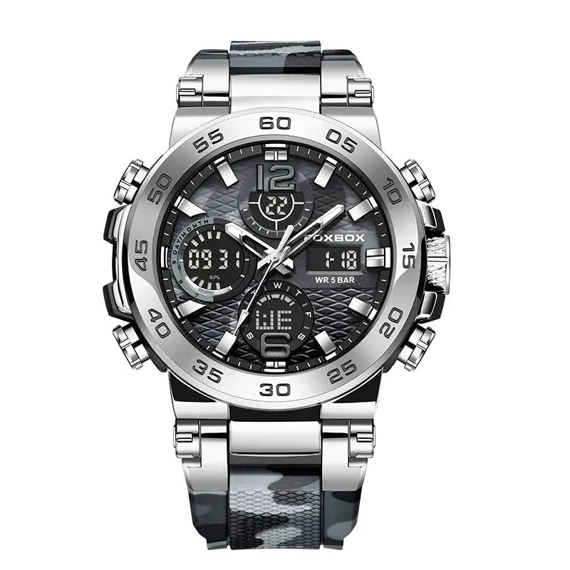 LIGE men's watch with silver stainless steel case, camouflage strap, LED display, waterproof quartz