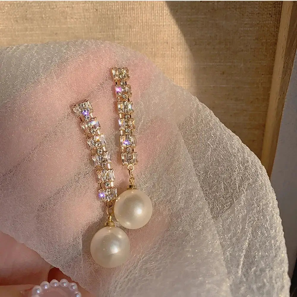 2022 New Trend Simulation Pearl Long Earrings With Flower Rhinestone Pendant For Women Wedding Korean Jewelry