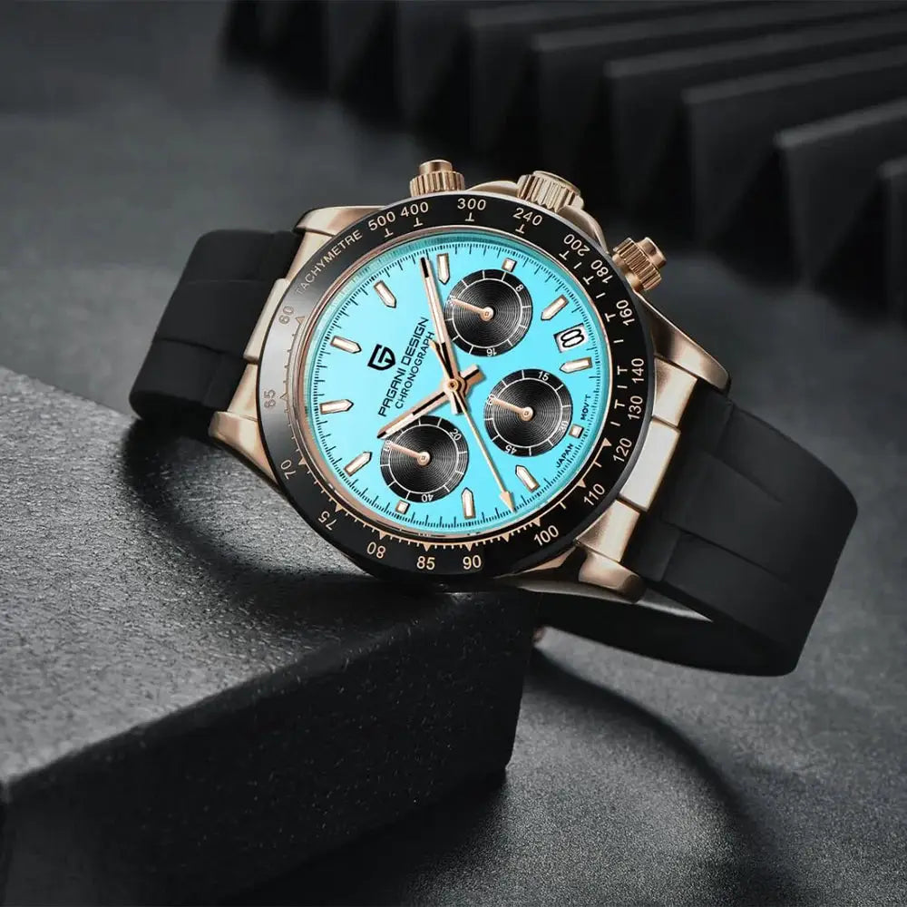 PAGANI DESIGN 40mm V2 sky-blue dial chronograph watch with black strap and tachymeter bezel