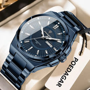 POEDAGAR blue stainless steel men’s wristwatch with date window, water resistant 30m, luminous hands