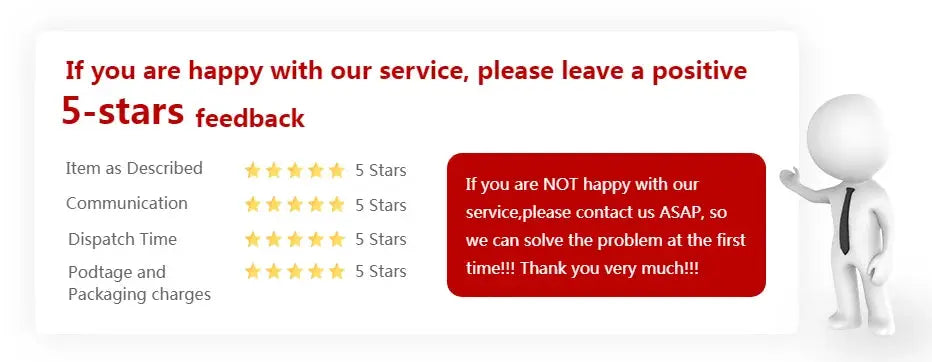 5-star feedback banner with ratings for Item as Described, Communication, Dispatch Time, and Packaging, red speech bubble and 3D figure.