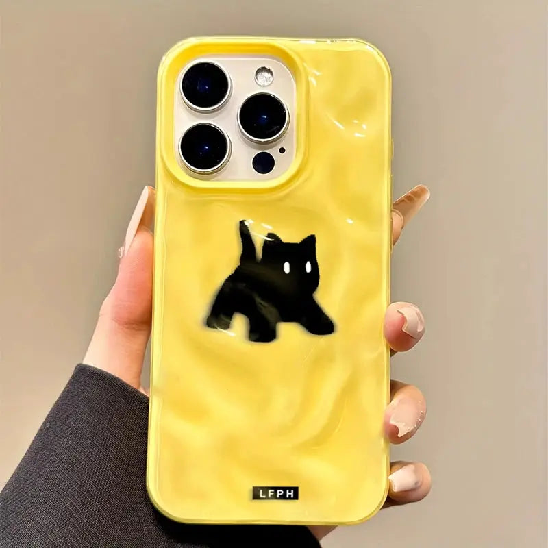 iPhone case in yellow candy color with a black fuzzy cat design; LFPH logo and shockproof protection