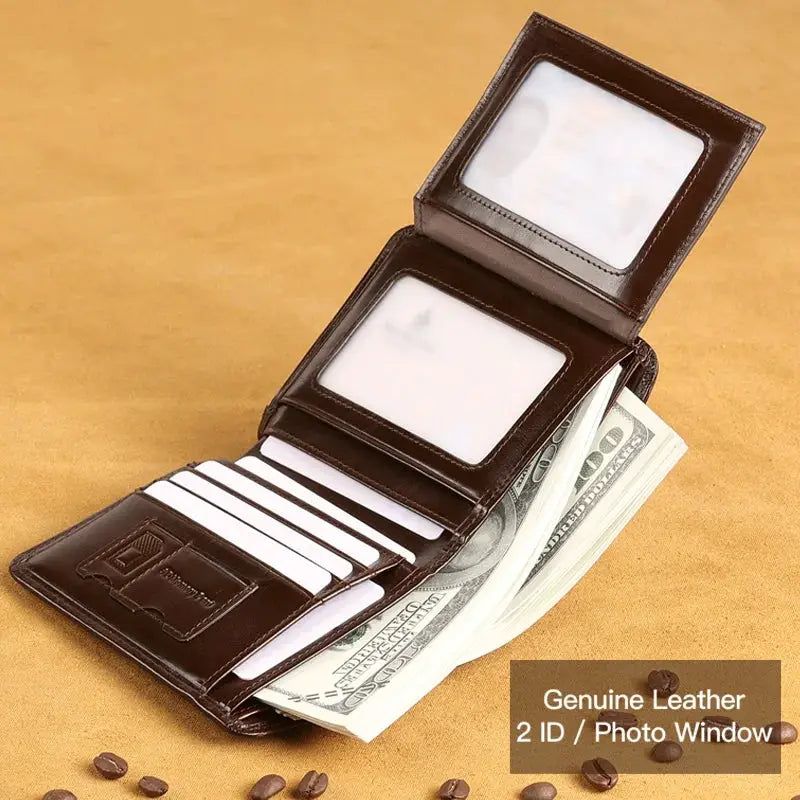 Men's brown genuine leather wallet with 2 ID/photo windows, card slots, and cash compartment.