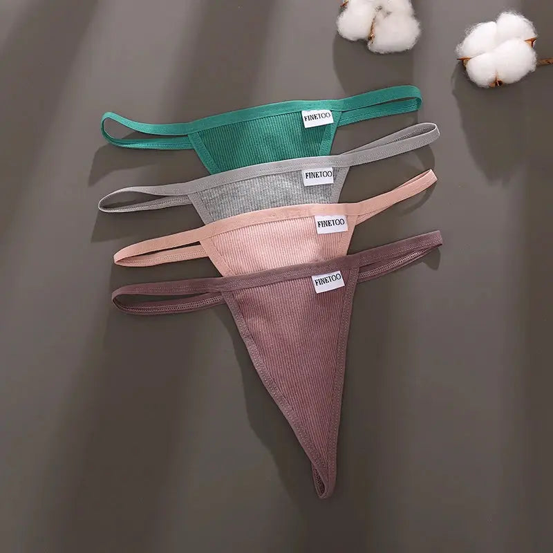 4-piece women's thong underwear set by Simples Market, seamless cotton low-rise in green, gray, peach, and mauve