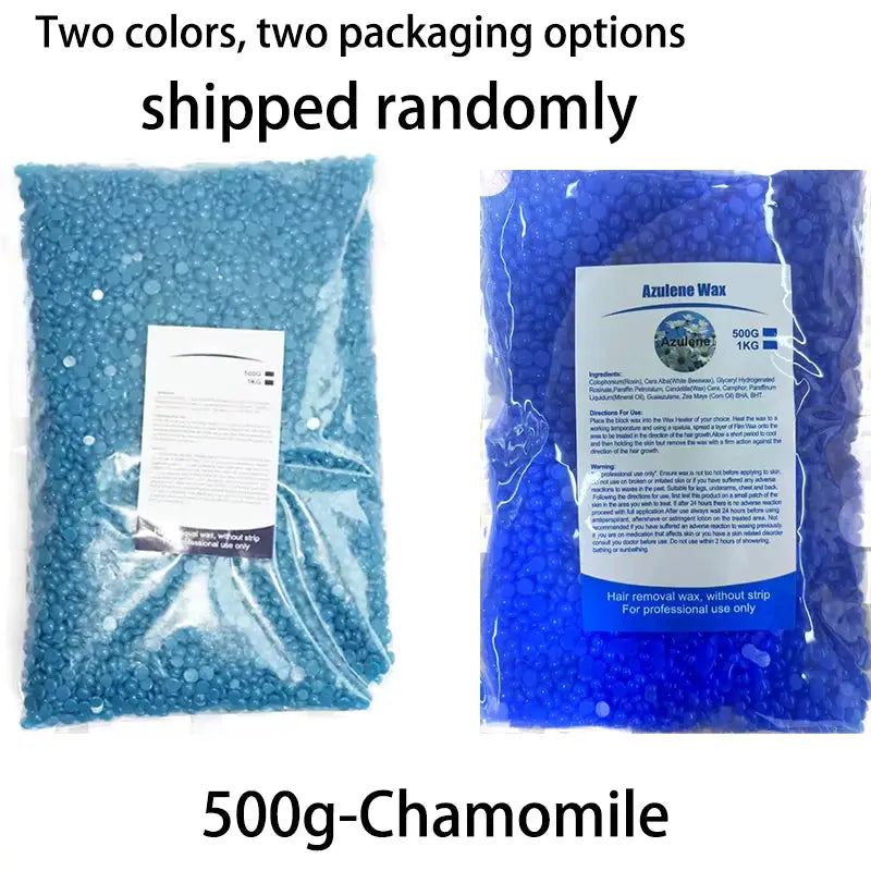 Hard wax beans for waxing, turquoise and blue beads, two bags shown; Simples Market