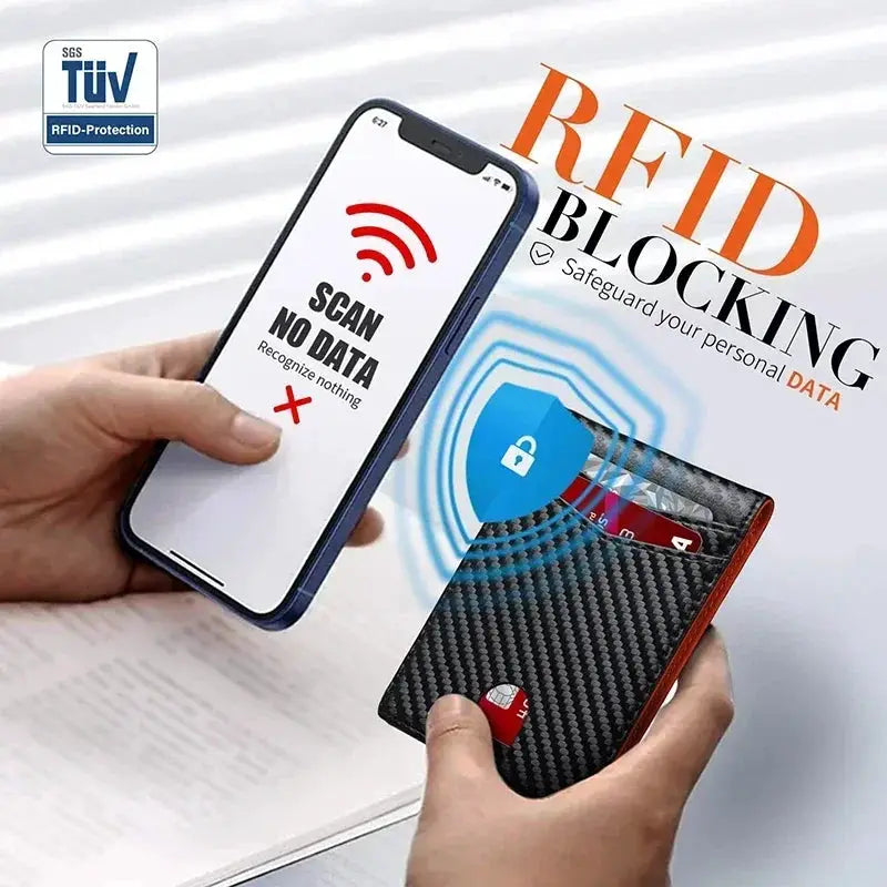 RFID-blocking carbon fiber wallet for men; slim card holder with red trim