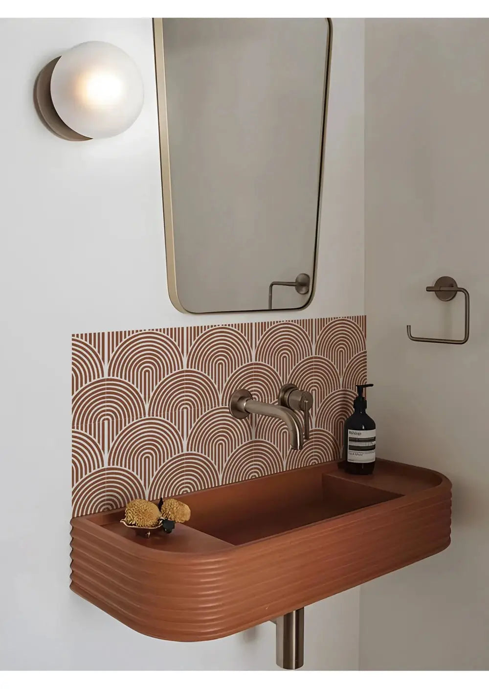 Simples Market 10Pcs abstract matte wall tile decals; copper-brown arched pattern, self-adhesive vinyl backsplash