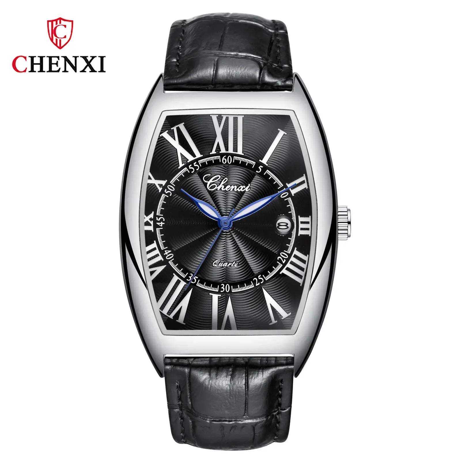 CHENXI men's watch with black leather strap, curved glass, Roman numeral dial, blue hands and date display