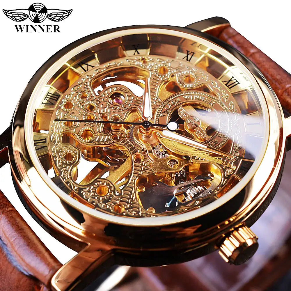 Winner Transparent Skeleton Mechanical Watch With Leather Strap See Through Dial Luxury Casual Timepiece