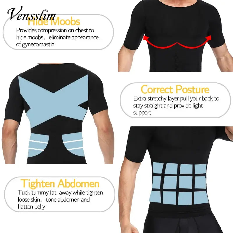 Men's body shaper compression shirt by Simples Market, black with blue panels for waist and abdomen support.