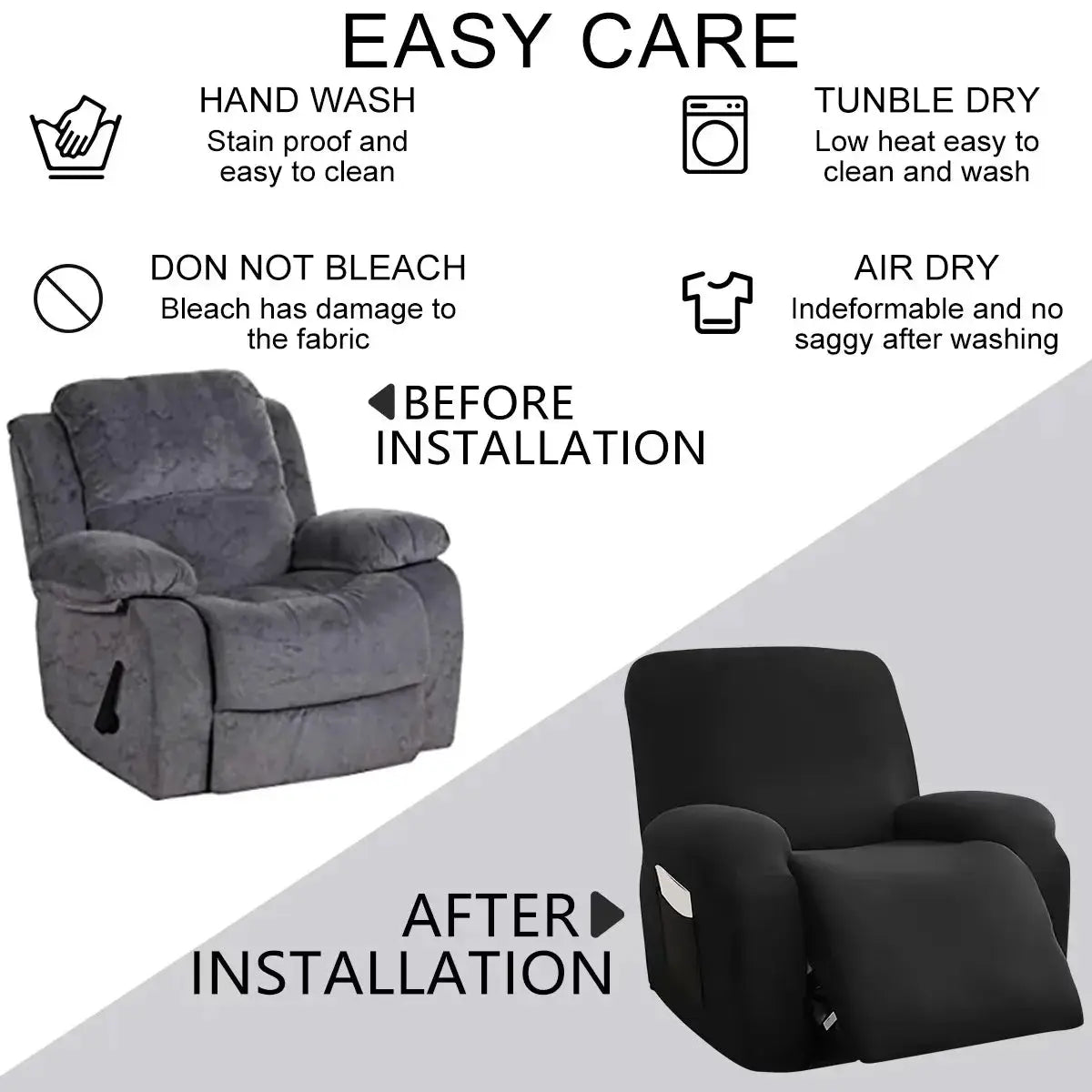 Elastic recliner sofa cover before/after comparison; gray fabric recliner on left, black fitted cover on right