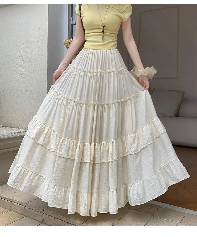 Simples Market white tiered ruffle-hem maxi skirt, high-waist, flowy chiffon layers with soft pleats