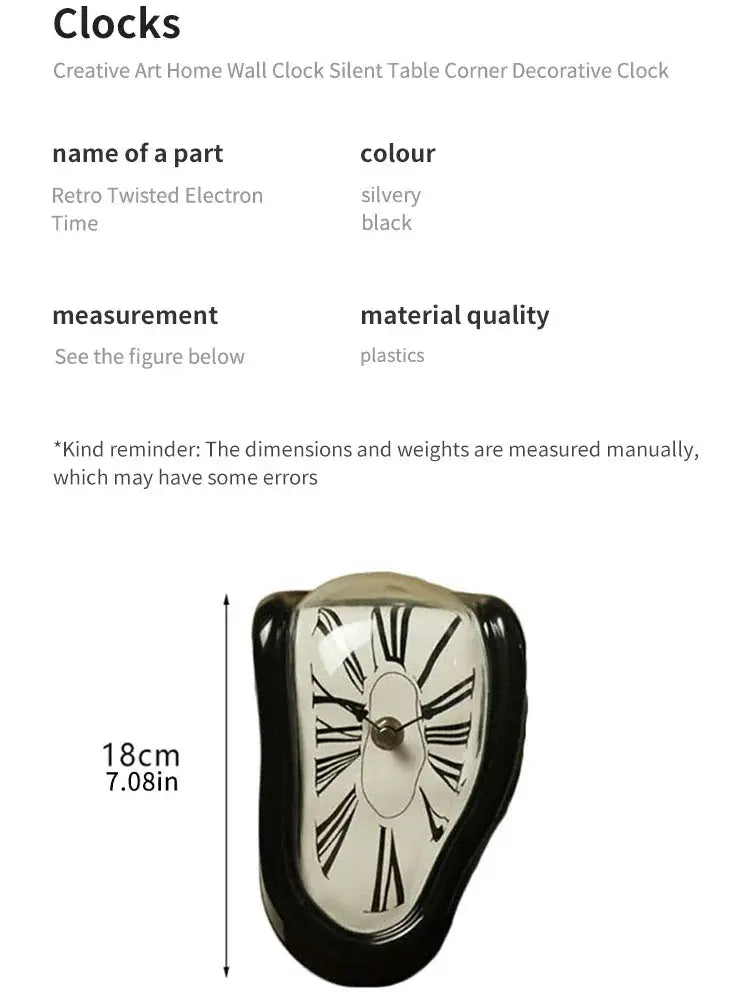 Simples Market surreal melting wall clock with black frame and silver dial, 18 cm tall