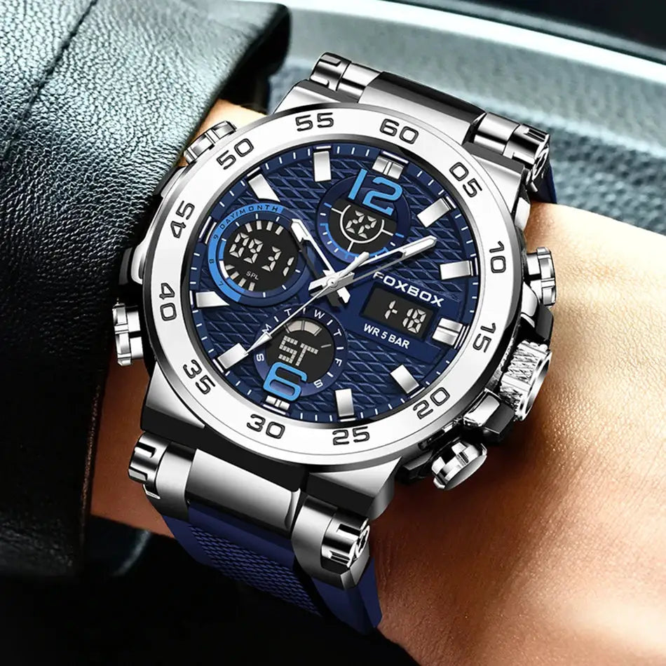 FOXBOX sport men's digital-analog watch with blue textured dial, chronograph subdials, blue strap