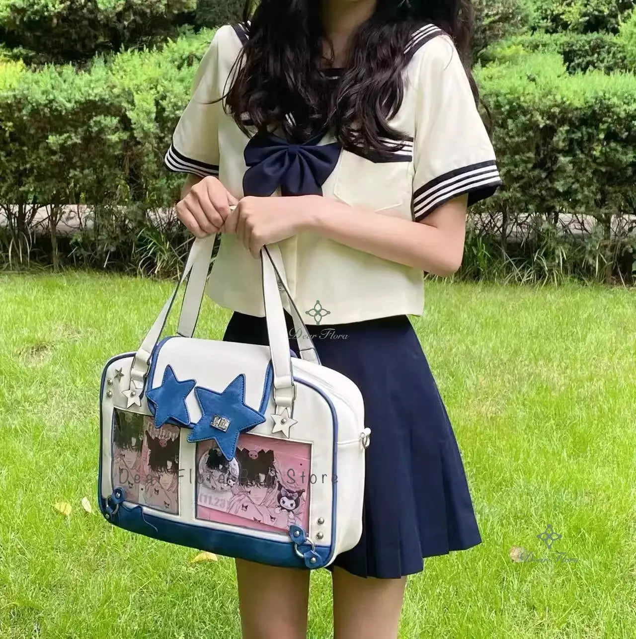 Ita bag crossbody with transparent front pocket, white bag with blue star accents