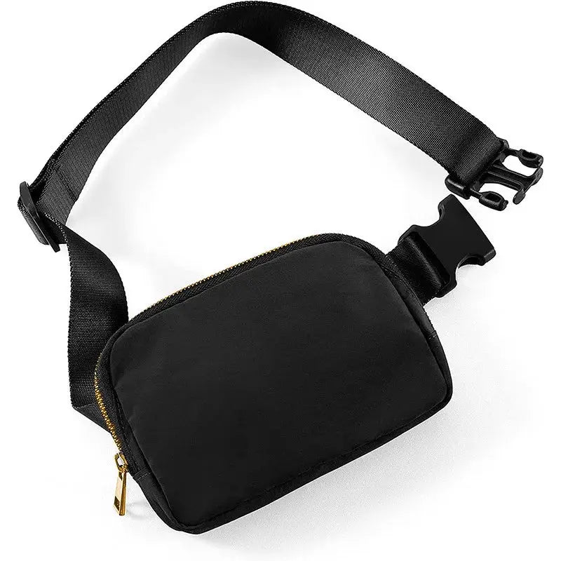 Waist bag fanny pack in black with adjustable strap and gold zipper, ideal for travel, sports, and daily use.