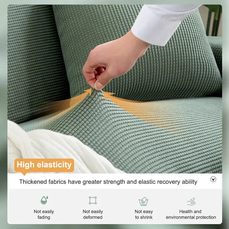 Elastic Jacquard sofa cover for 1–5 seater couch in green; high-elasticity fabric.