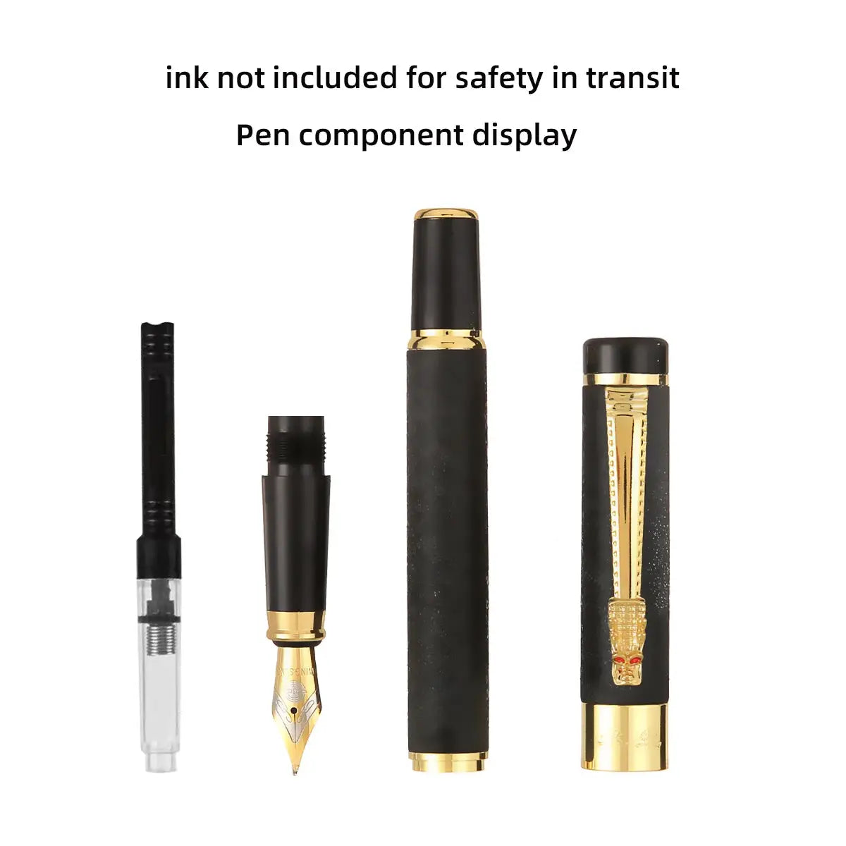 Fountain pen components, 4-piece display in black metal with gold trim, Simples Market, Lridium 0.5mm nib