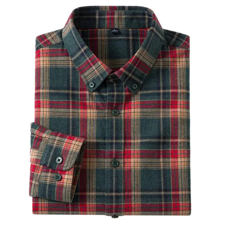 Men's plaid flannel shirt, 100% cotton, multi-color red-green-tan, folded, Simples Market.