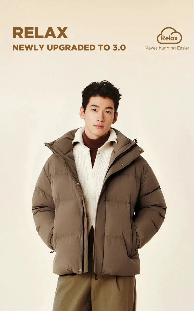 Simples Market men's brown down puffer jacket, waterproof windproof, shoulder-fit outerwear