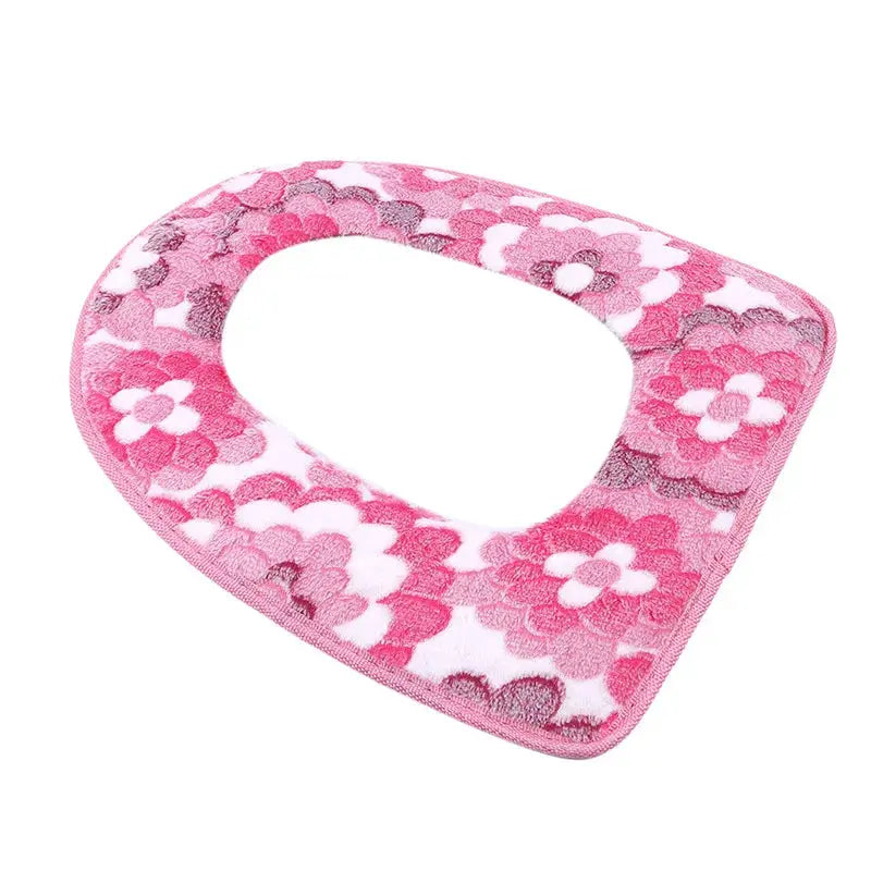 Toilet seat cover plush, pink floral pattern, universal fit, washable