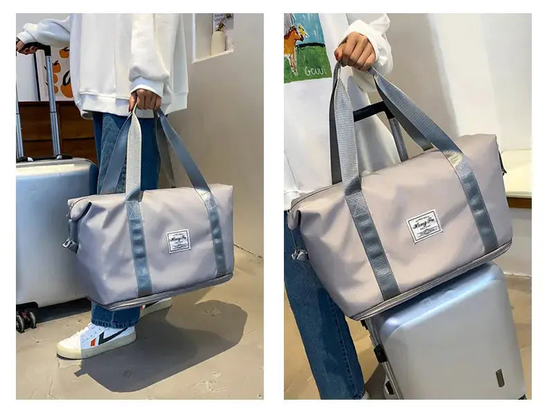 UNIXINU carry-on duffle bag by Simples Market, light gray nylon, waterproof with dual gray handles