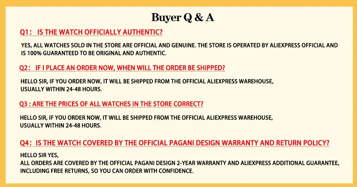 Original PAGANI DESIGN 1654 watch - Simples Market Buyer Q&A banner on beige card with red questions and yellow border.